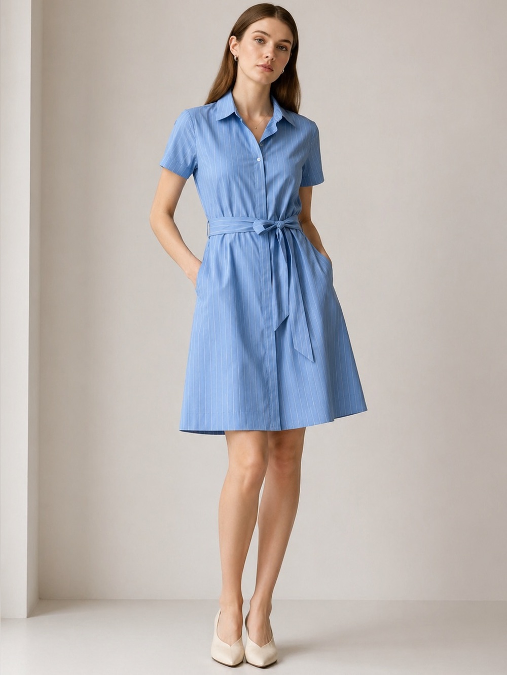 Kit + Ace Metier Striped Shirt Dress Blue Tie Waist Collared Short Sleeve A-Line